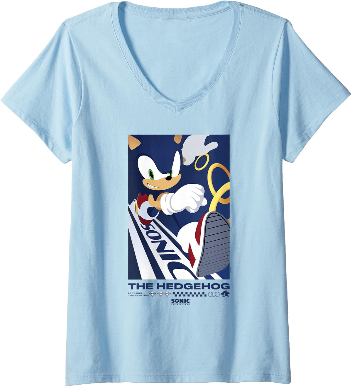 Women's Sonic The Hedgehog Let's Run Trough This Golden Ring Run V-Neck T-Shirt - Baby Blue