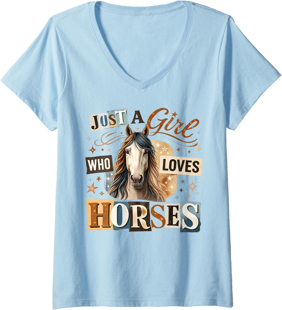 Women's Just A Girl Who Loves Horses Equestrian Riding Animal Lover V-Neck T-Shirt - Baby Blue