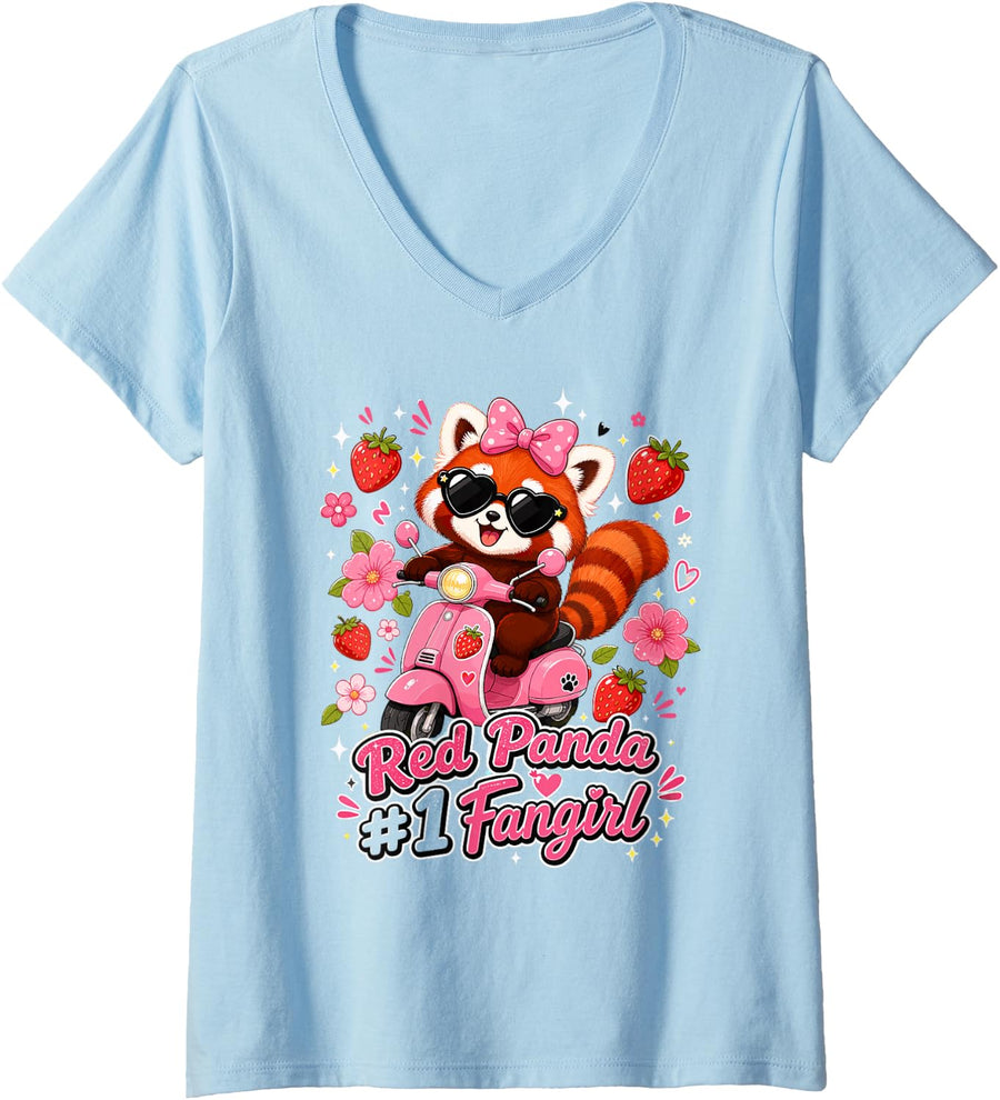 Women's Red Panda Fangirl | Womens Kawaii Cute Girls Red Panda V-Neck T-Shirt - Baby Blue