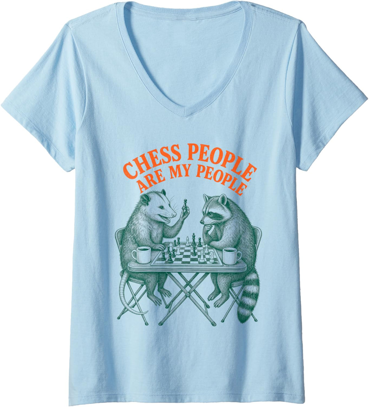Women's Chess People My People Raccoon Chess Player Retro V-Neck T-Shirt - Baby Blue