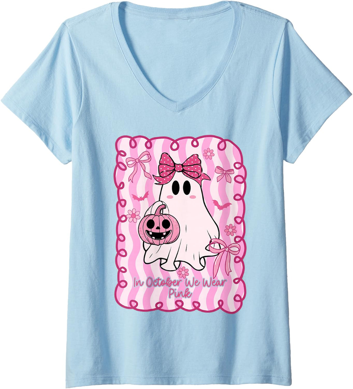 Women's in October We Wear Pink Ribbon Ghost Breast Cancer Halloween V-Neck T-Shirt - Baby Blue