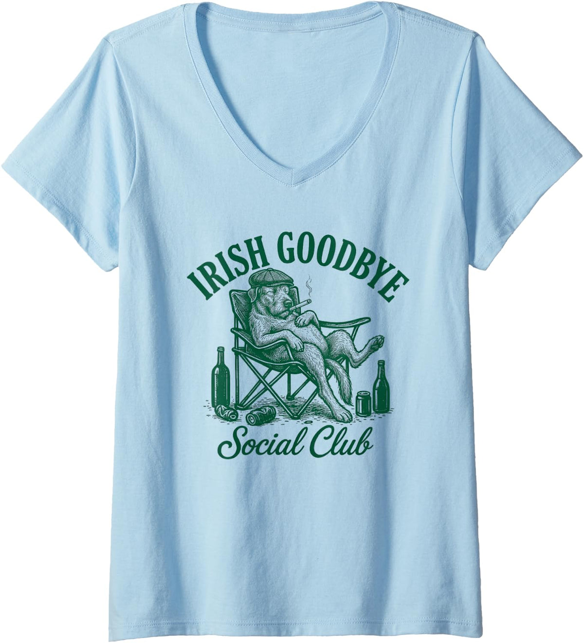 Women's Irish Goodbye Social Club Drinking Wolfhound Dog V-Neck T-Shirt - Baby Blue