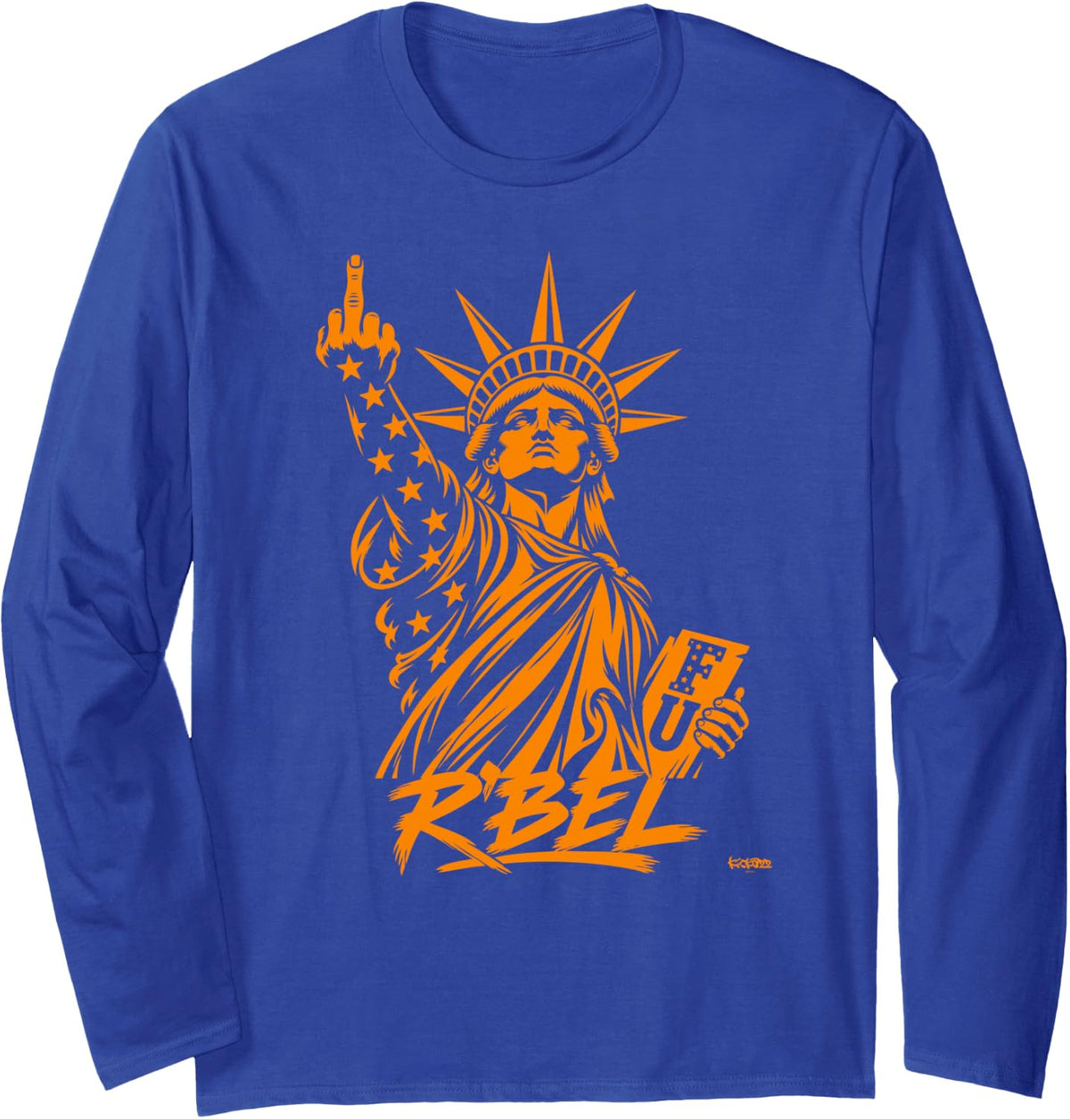 R’BEL Statue of Liberty Middle Finger - Orange Freedom USA Long Sleeve T-Shirt - Adult Unisex Royal Blue