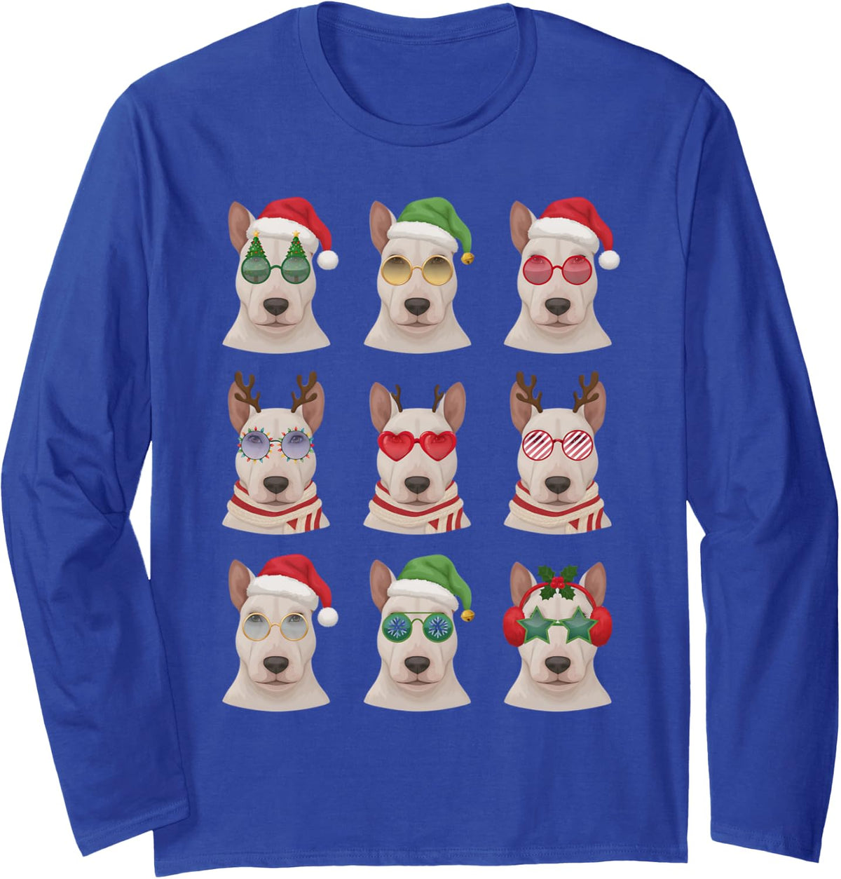 Bull Terrier Funny Christmas Pajama Cute Dog Owner Long Sleeve T-Shirt - Adult Unisex Royal Blue