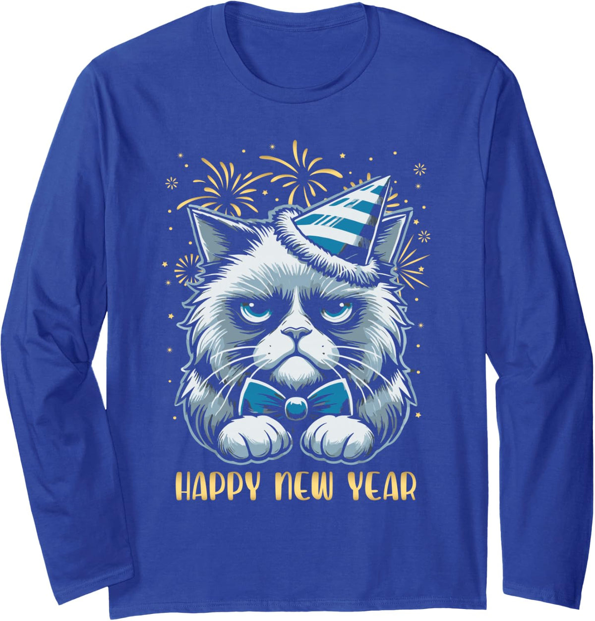 Happy New Year Funny Cat Fireworks New Years Eve Party Long Sleeve T-Shirt - Adult Unisex Royal Blue