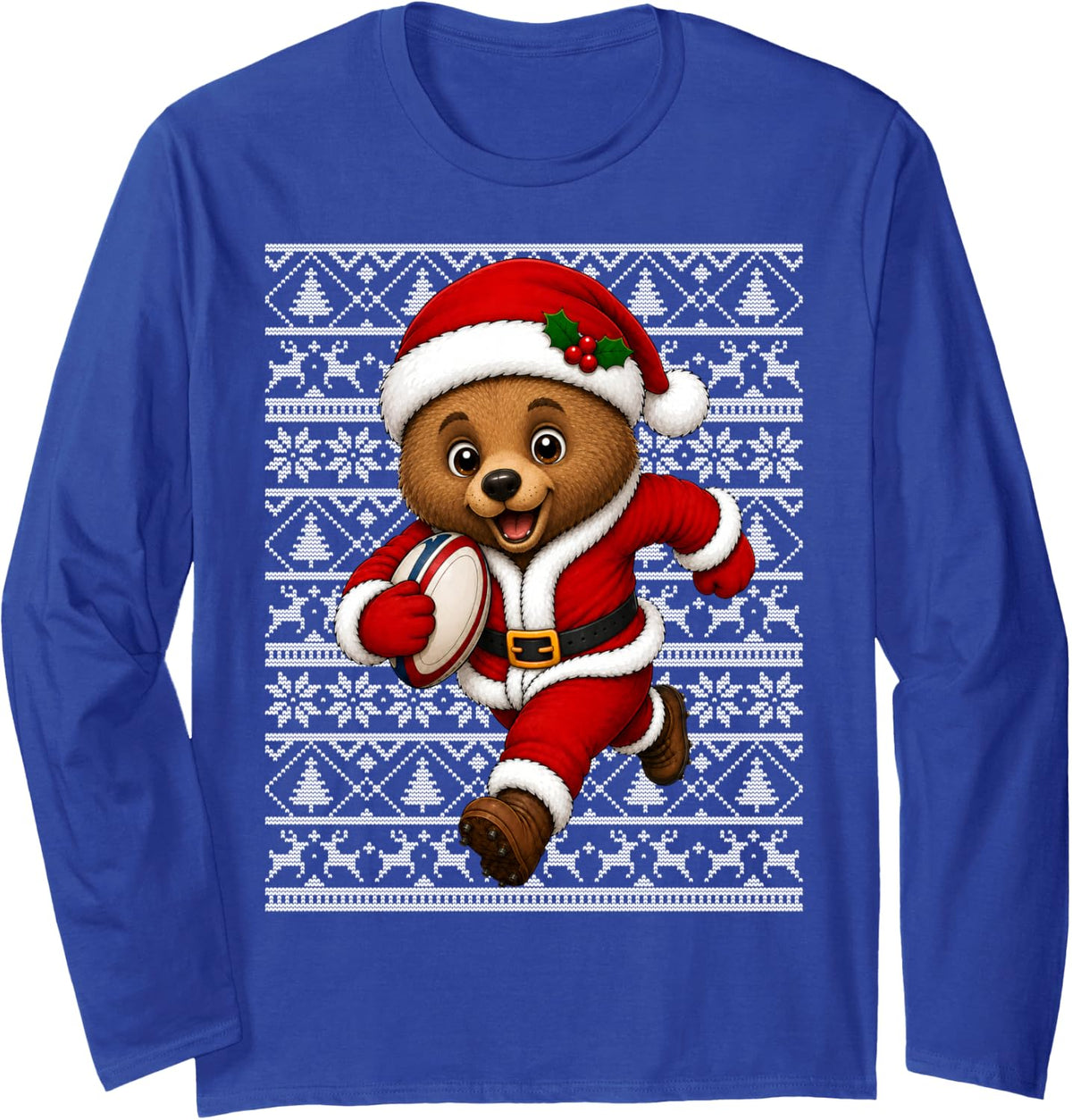 Bear Ugly Xmas Santa Bear Playing Rugby Christmas Sports Long Sleeve T-Shirt - Adult Unisex Royal Blue