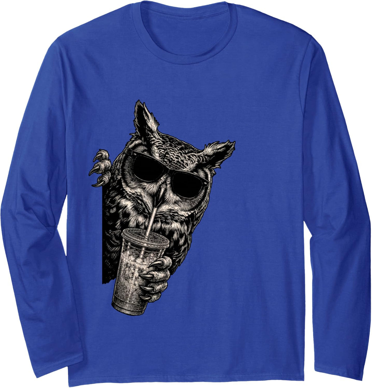 Funny Owl Peeking Drinking Iced Coffee Bird Humor Long Sleeve T-Shirt - Adult Unisex Royal Blue