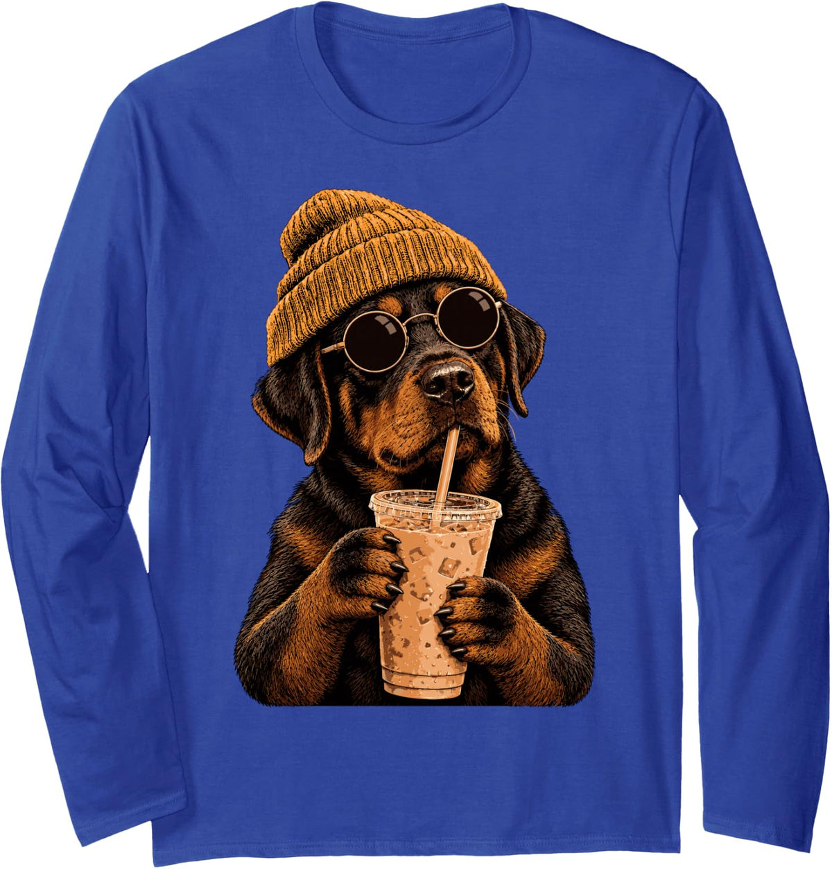Rottweiler Dog Hipster Iced Coffee Funny Rottweiler Long Sleeve T-Shirt - Adult Unisex Royal Blue