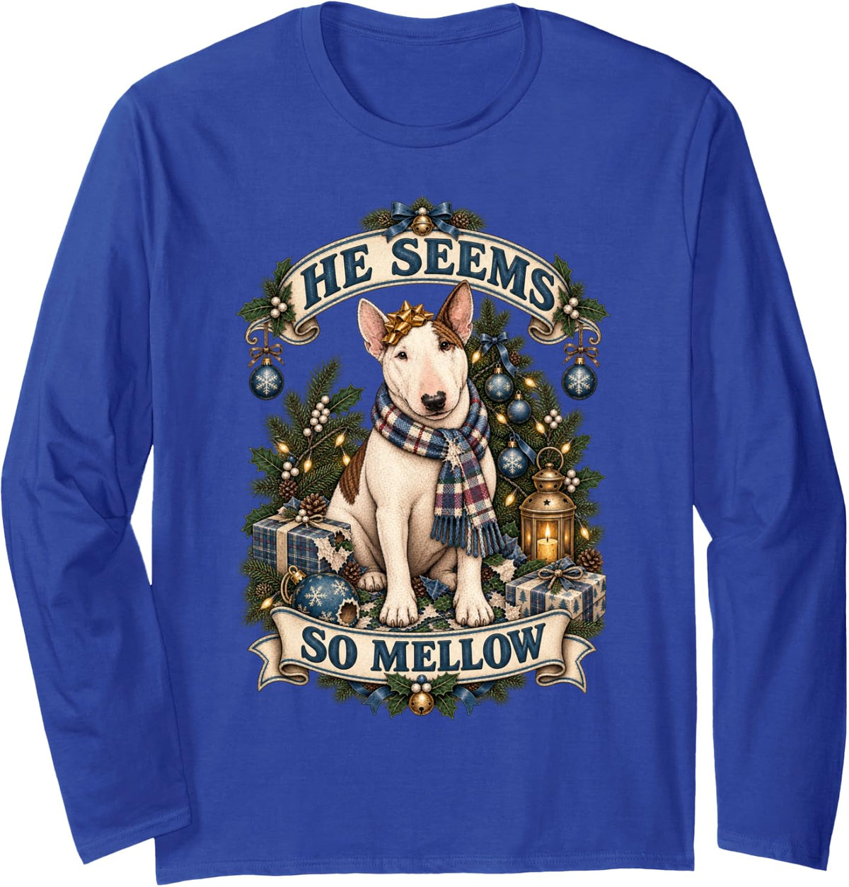 Vintage Bull Terrier Christmas Dog Illustration Long Sleeve T-Shirt - Adult Unisex Royal Blue