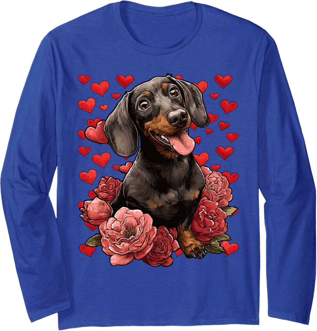 Dachshund with Red Roses Hearts Floral Valentine’s Day Dog Long Sleeve T-Shirt - Adult Unisex Royal Blue