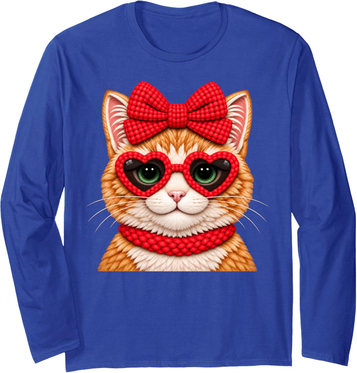 Orange Tabby Red Bow Heart Sunglasses Cute Cat Valentine Long Sleeve T-Shirt - Adult Unisex Royal Blue