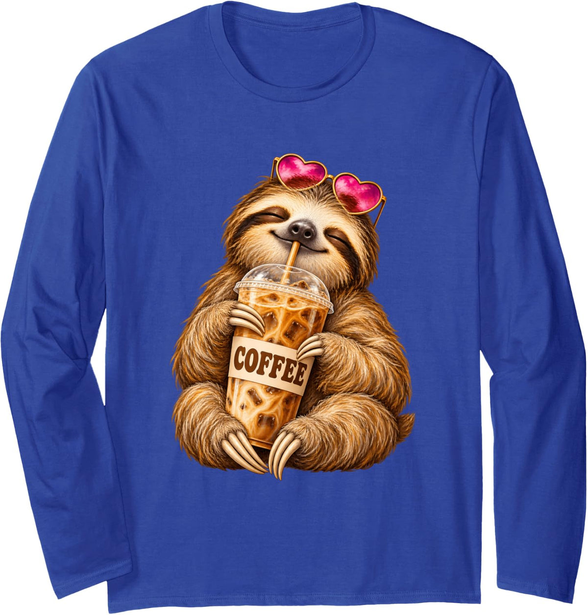 Sloth Iced Coffee, Cute Sloth Lover Coffee Drinker Long Sleeve T-Shirt - Adult Unisex Royal Blue