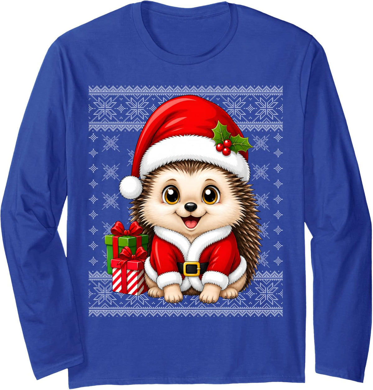 Cute Hedgehog in Christmas Santa Costume Ugly Sweaters Xmas Long Sleeve T-Shirt - Adult Unisex Royal Blue