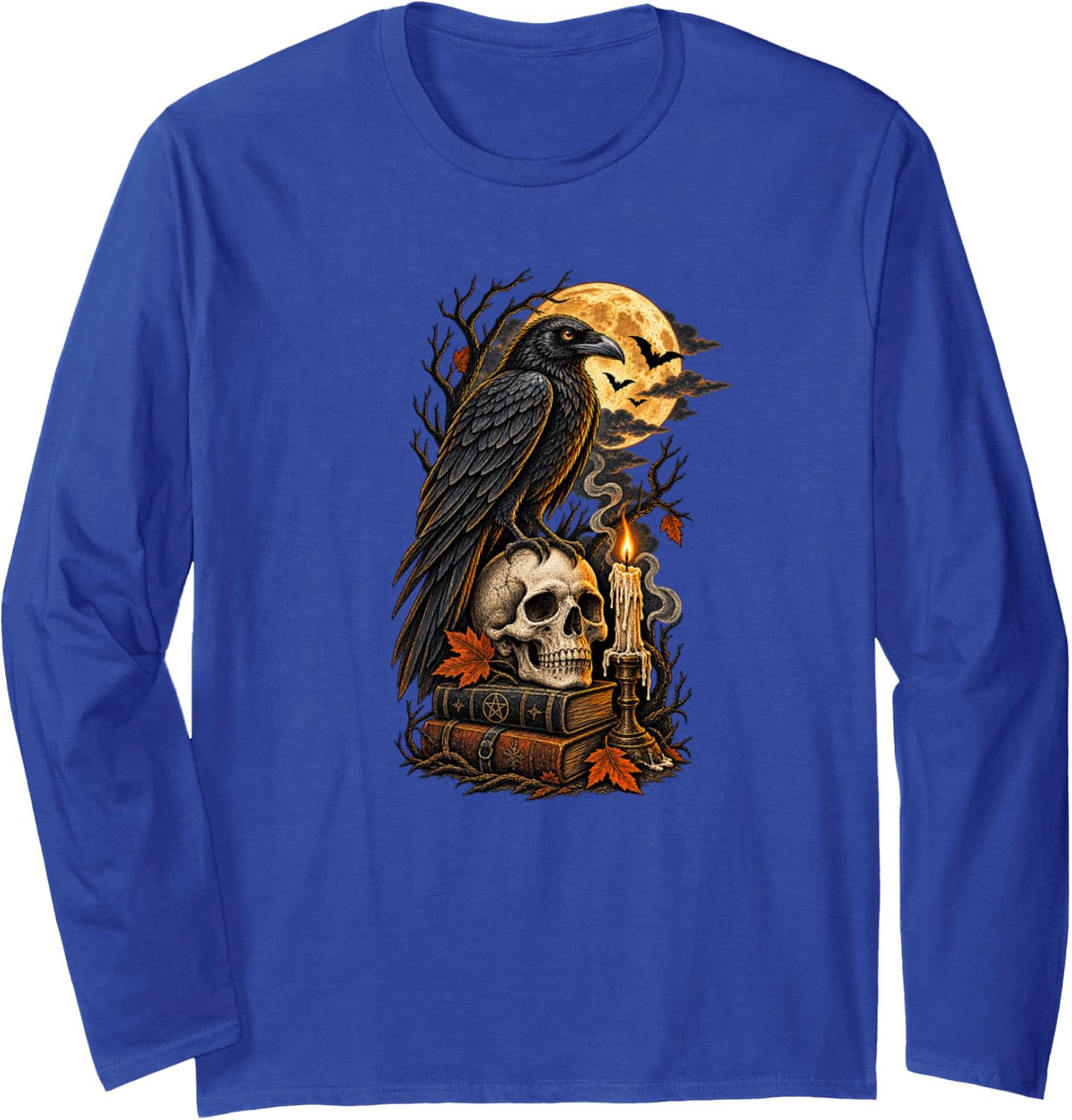 Gothic Raven Skull Full Moon Dark Halloween Art Long Sleeve T-Shirt - Adult Unisex Royal Blue