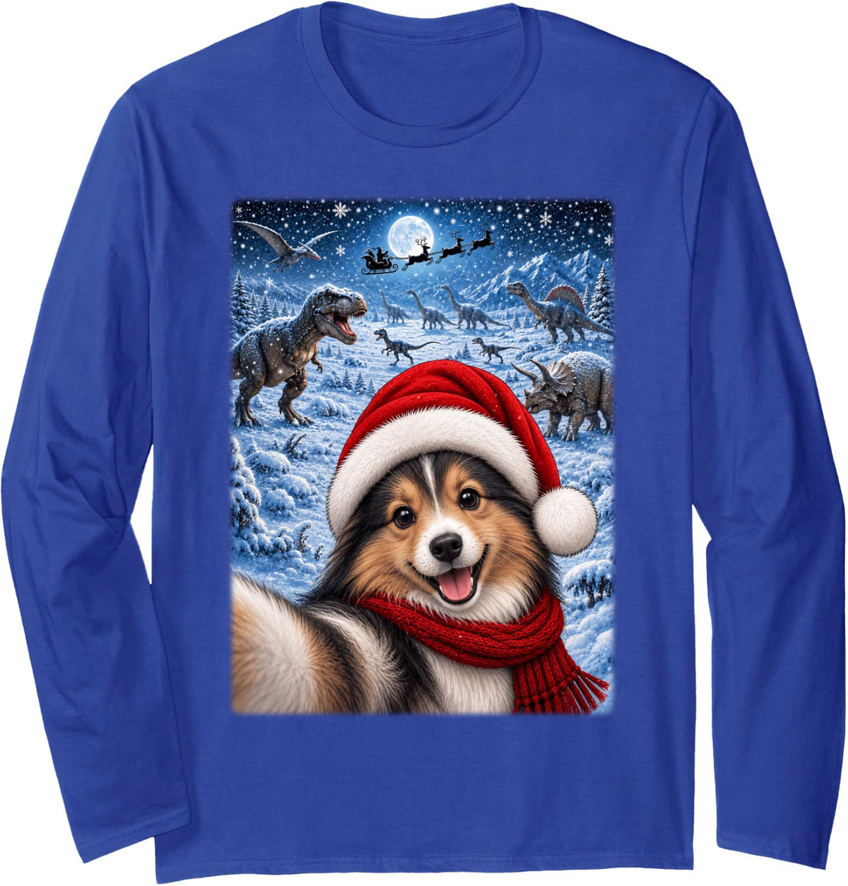 Shetland Sheepdog Christmas Moon Night Starry Dinosaurs Xmas Long Sleeve T-Shirt - Adult Unisex Royal Blue