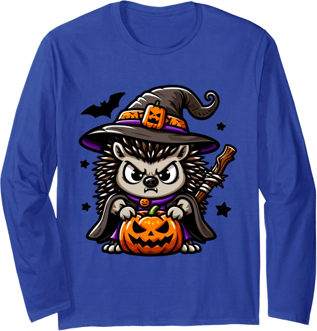 Scary Halloween Hedgehog Witch Hat Costume Spooky Season Long Sleeve T-Shirt - Adult Unisex Royal Blue