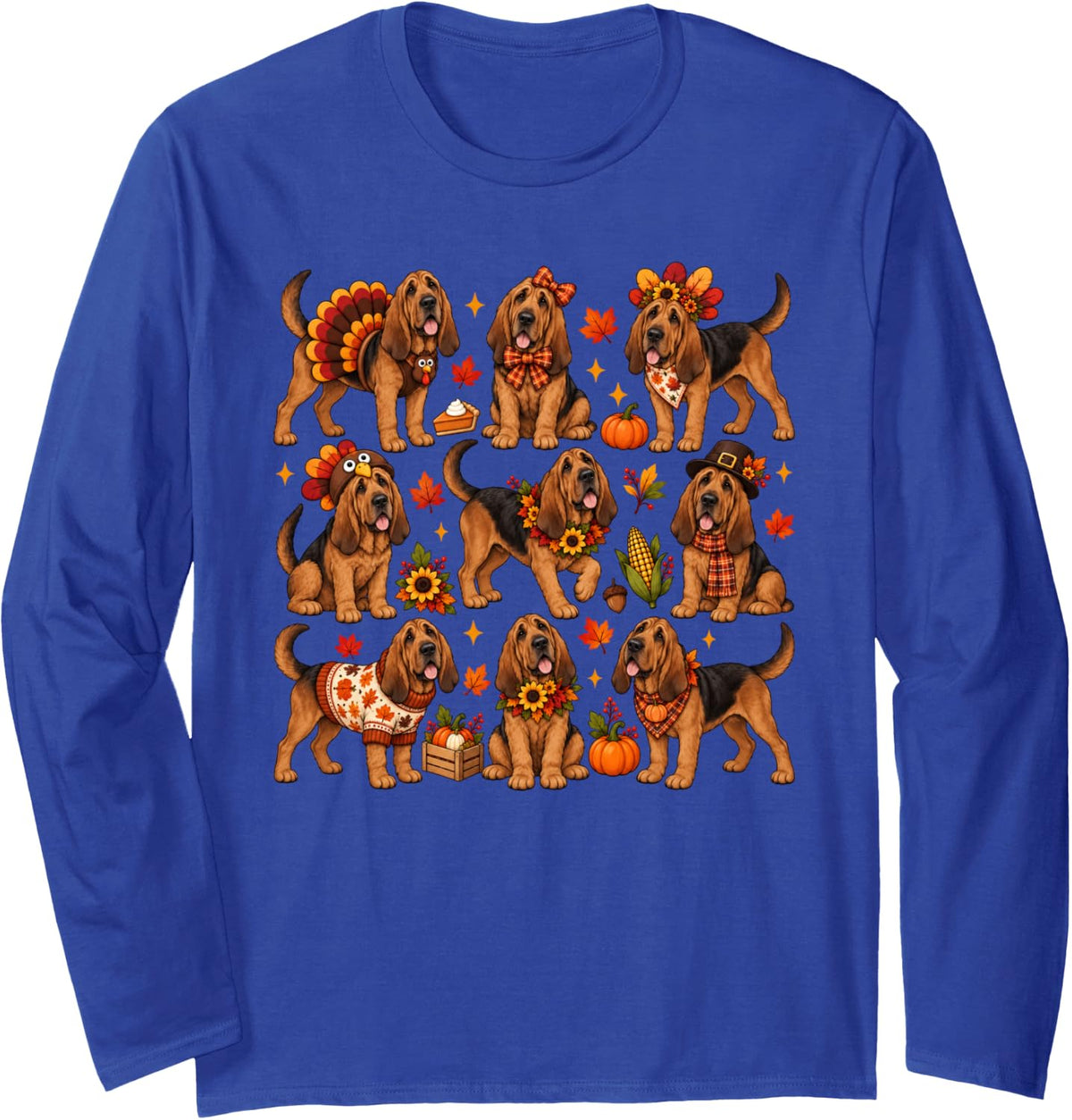 Cute Bloodhound Dog Turkey Thanksgiving Fall Autumn Costume Long Sleeve T-Shirt - Adult Unisex Royal Blue