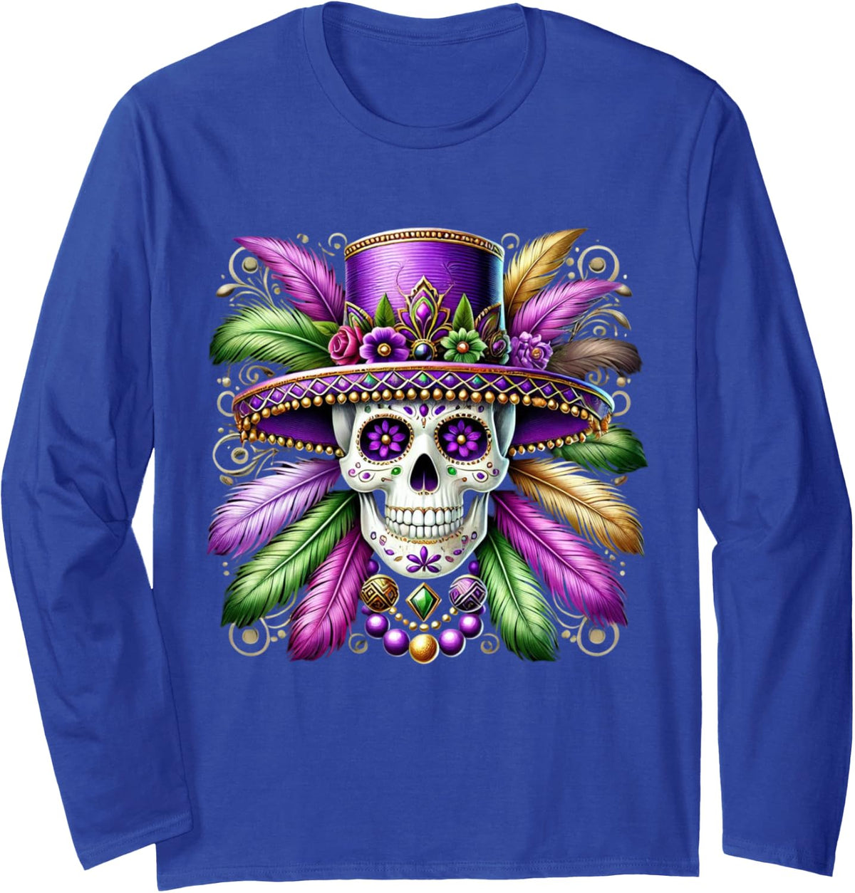 Mardi Gras Costume Sugar Skull Carnival New Orleans Long Sleeve T-Shirt - Adult Unisex Royal Blue