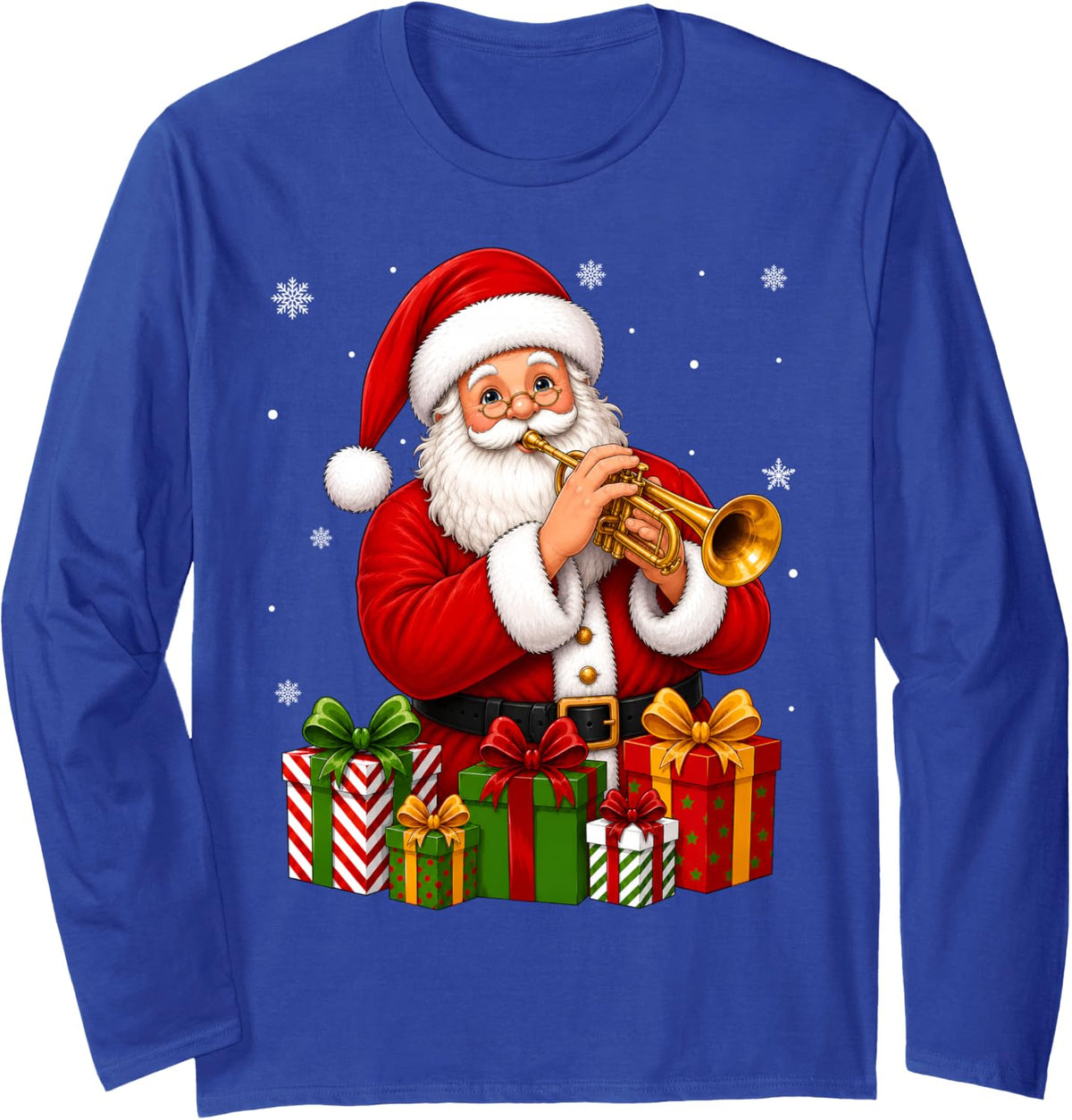 Jolly Santa Playing Trumpet Jazz Music Christmas Long Sleeve T-Shirt - Adult Unisex Royal Blue