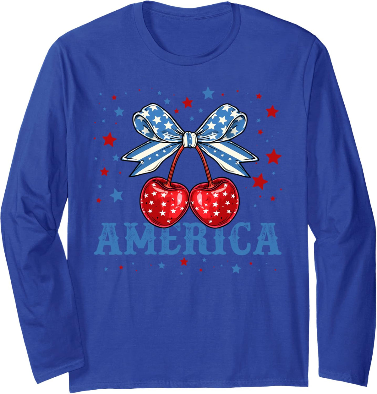 America Cherries Coquette Bow Cherry July 4th USA Flag Women Long Sleeve T-Shirt - Adult Unisex Royal Blue
