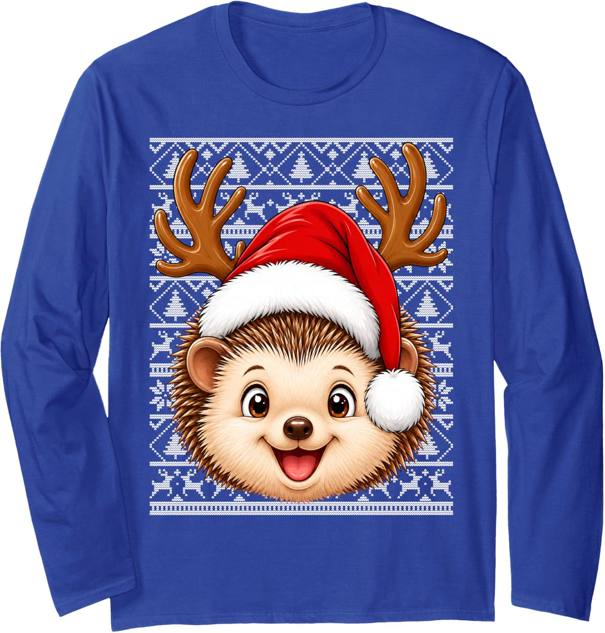 Hedgehog Christmas Santa Hat Ugly Sweater Cute Animal Xmas Long Sleeve T-Shirt - Adult Unisex Royal Blue