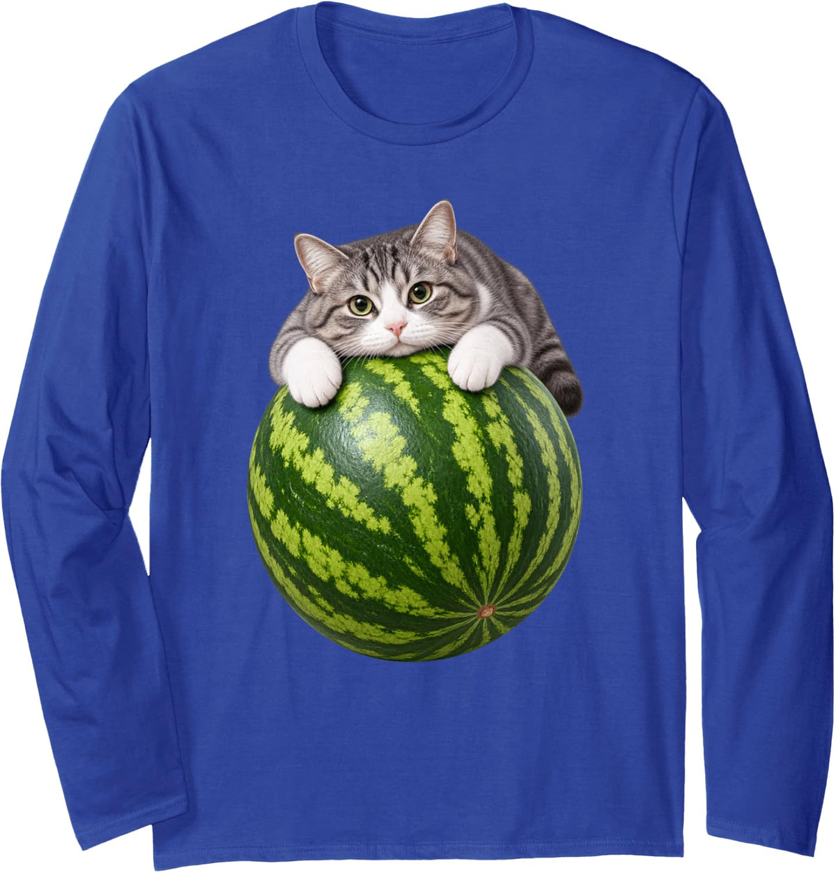 Cute Tabby Cat On Watermelon Funny Kitten Summer Fruit Long Sleeve T-Shirt - Adult Unisex Royal Blue