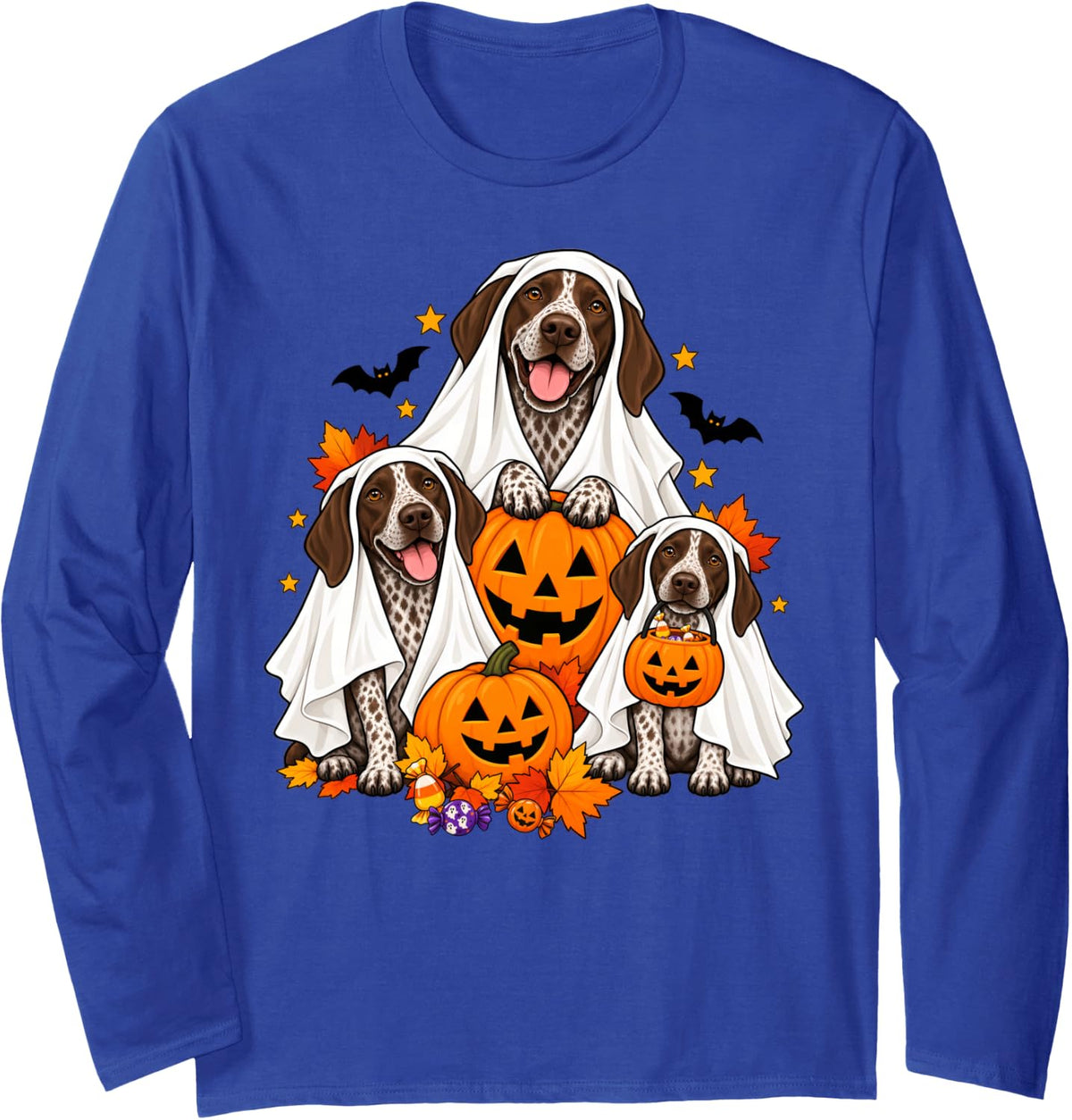 Ghost German Shorthaired Pointer Dogs and Pumpkins Halloween Long Sleeve T-Shirt - Adult Unisex Royal Blue