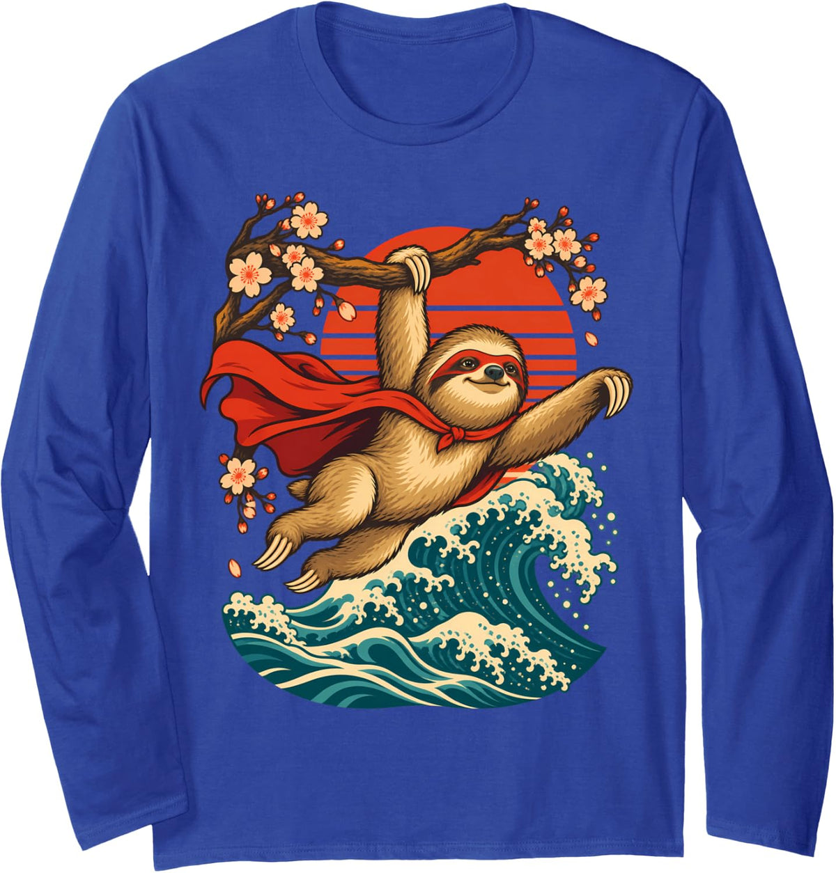Funny Sloth Superhero, Retro Japanese Sloth Lover Long Sleeve T-Shirt - Adult Unisex Royal Blue