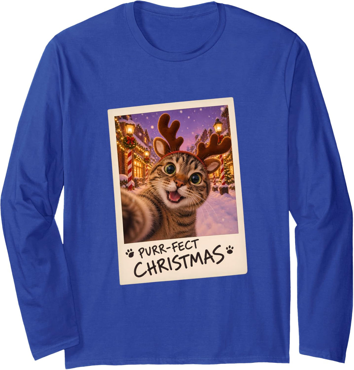 Purr-FECT Christmas Tabby Cat Selfie Holiday Funny Long Sleeve T-Shirt - Adult Unisex Royal Blue