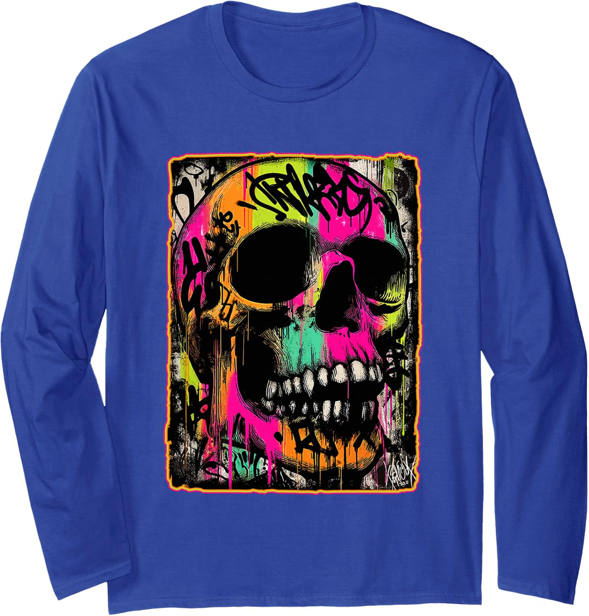 Vibrant Punk Skull Graffiti Grunge Skeleton Art Urban 90s Long Sleeve T-Shirt - Adult Unisex Royal Blue