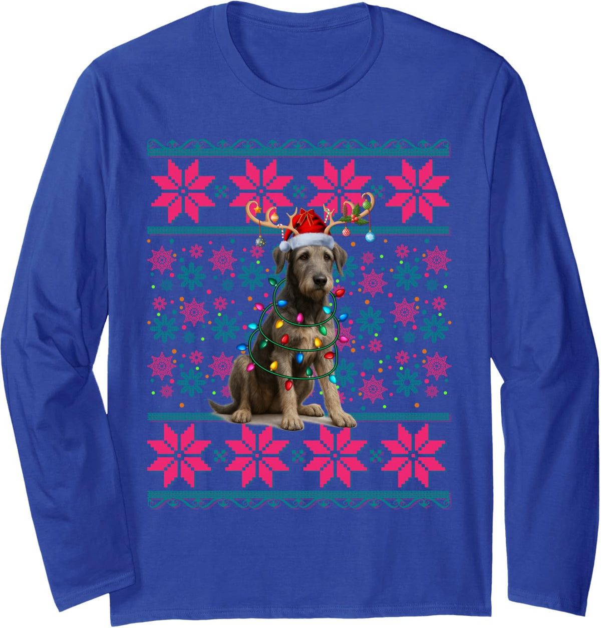 Santa Ugly Christmas Lights Irish Wolfhound Dog Xmas Long Sleeve T-Shirt - Adult Unisex Royal Blue