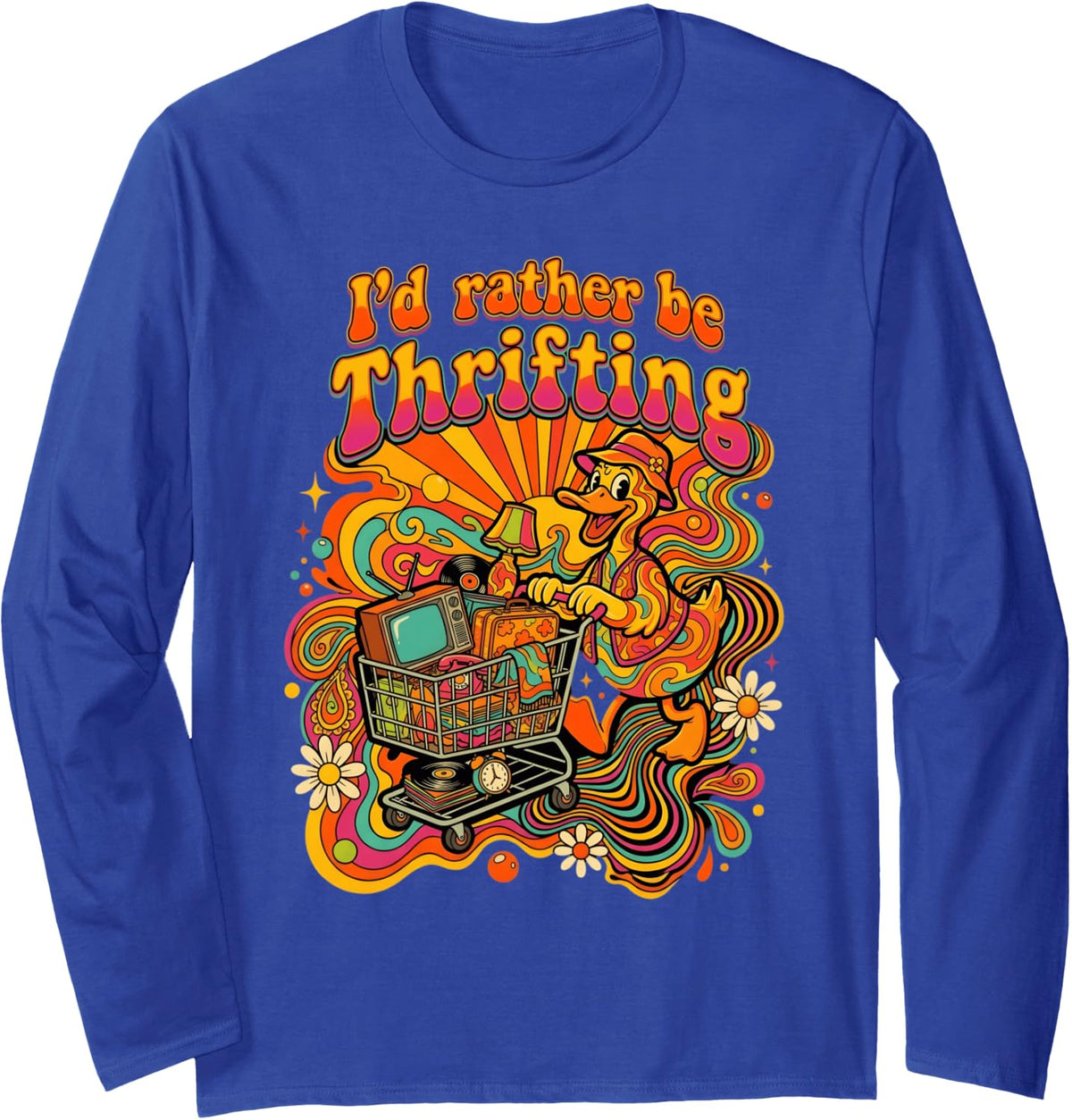 Thrift Store Duck Sunburst Swirls Thrifting Thrifter Long Sleeve T-Shirt - Adult Unisex Royal Blue