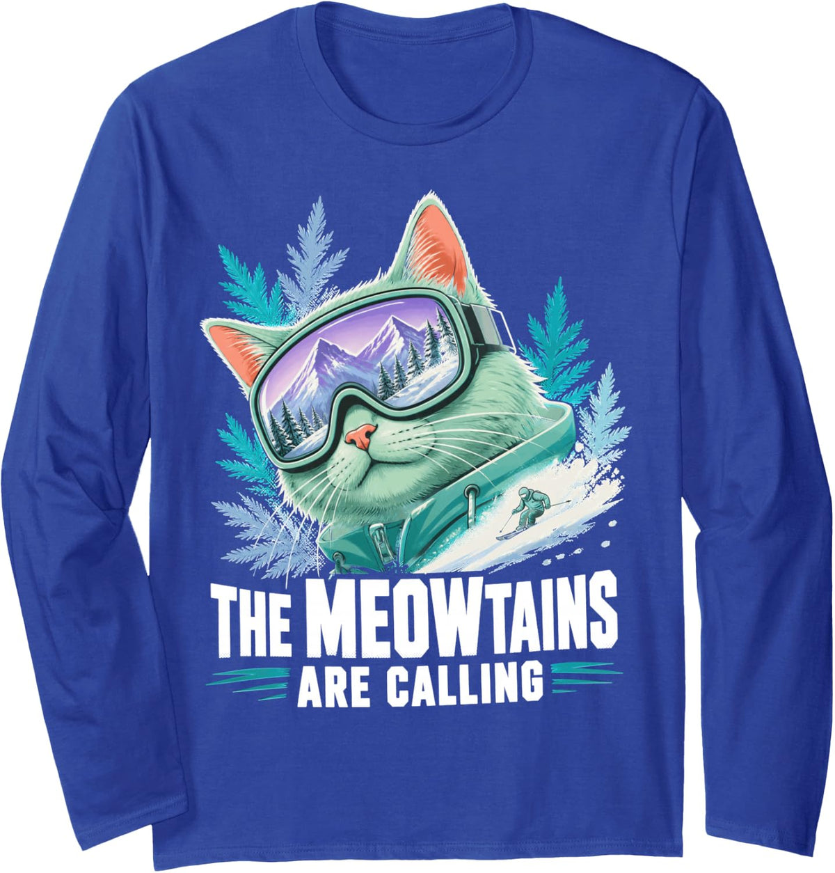 Skiing Cat Ski Club Winter Sports Skier Long Sleeve T-Shirt - Adult Unisex Royal Blue
