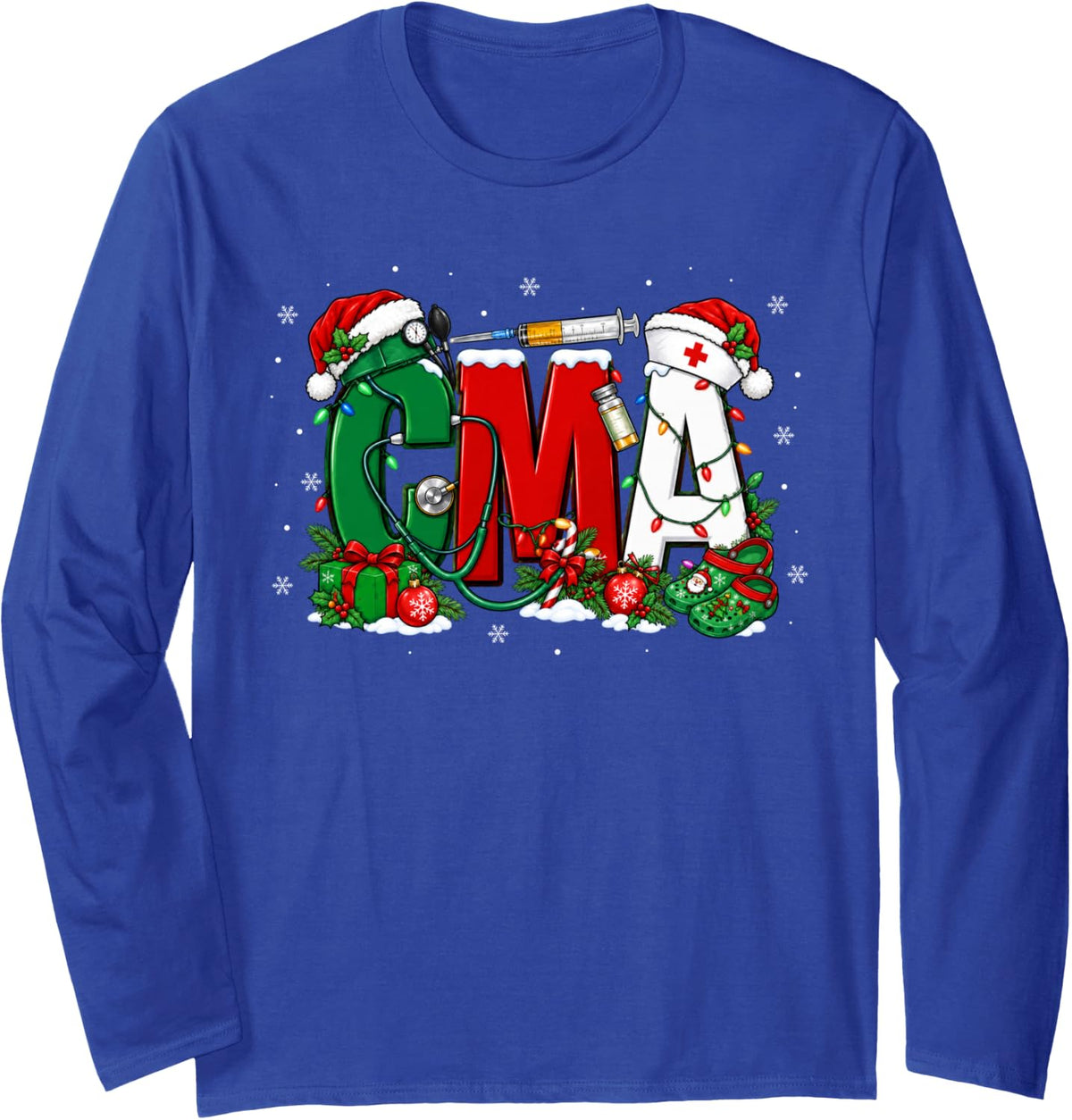 CMA Nursing Christmas Medical Assistant Winter Xmas Pajamas Long Sleeve T-Shirt - Adult Unisex Royal Blue