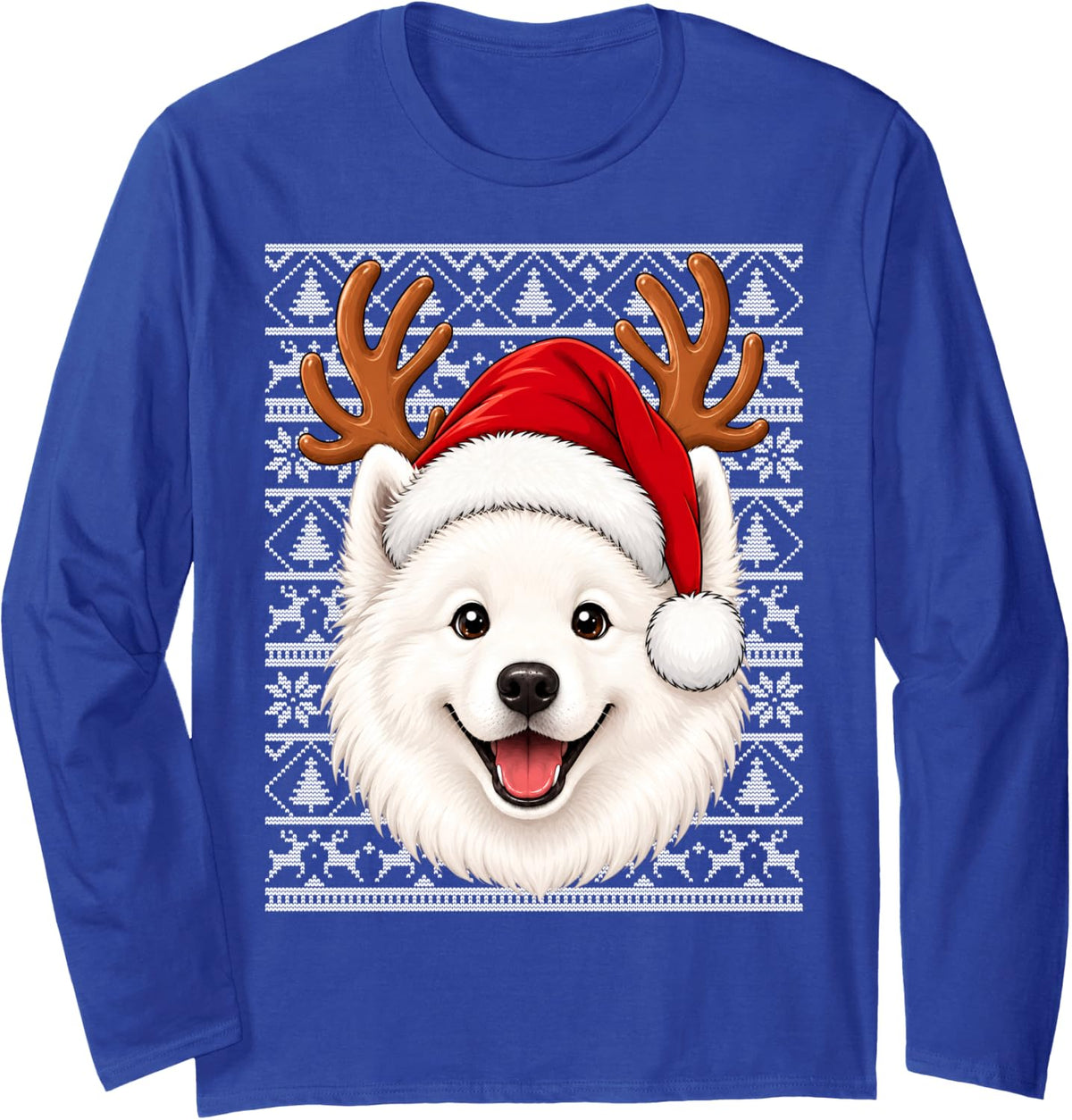 Samoyed Dog Christmas Santa Hat Ugly Sweaters Samoyed Xmas Long Sleeve T-Shirt - Adult Unisex Royal Blue