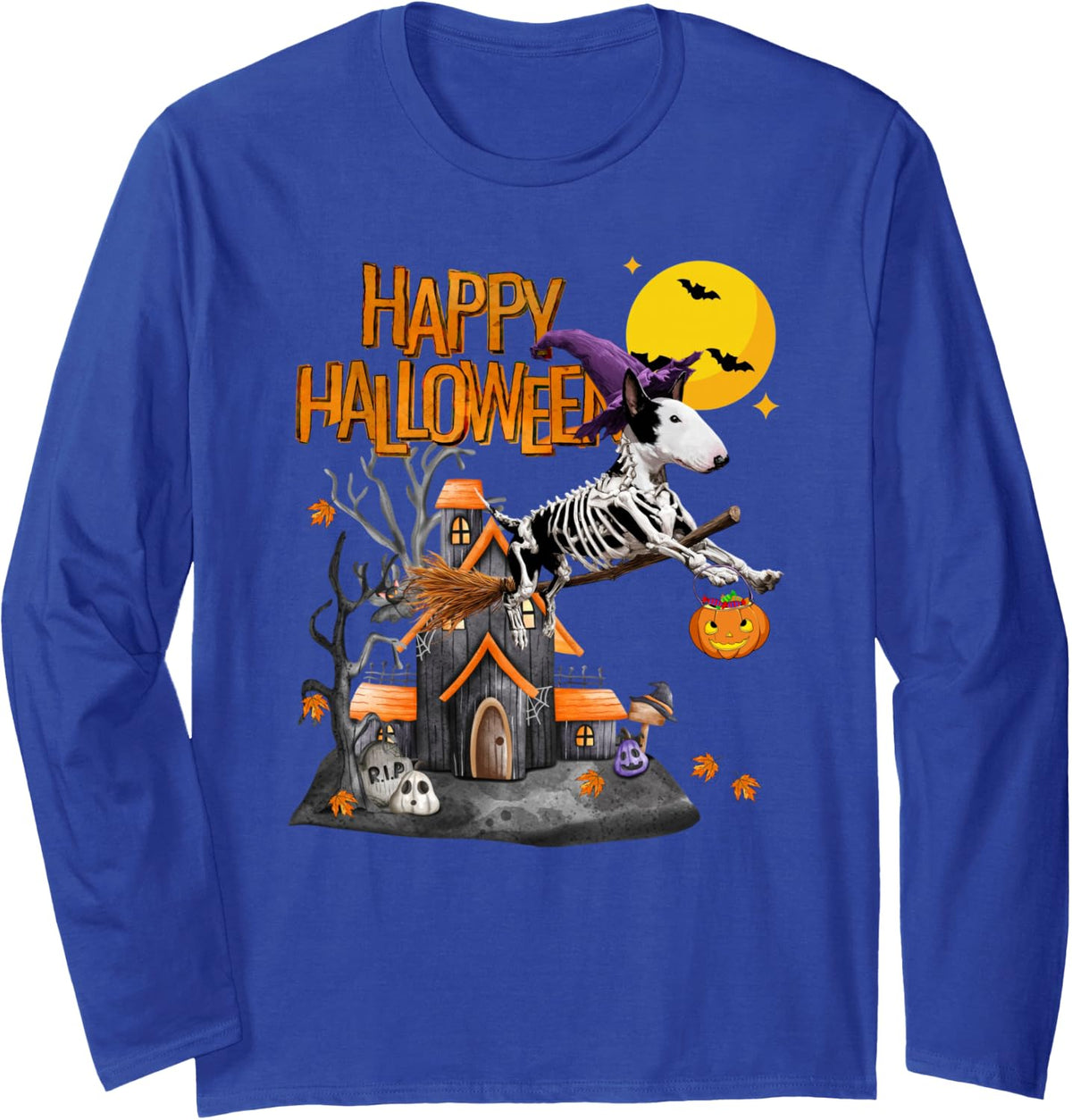 Funny Witch Bull Terrier Spooky Dog Lover Halloween Long Sleeve T-Shirt - Adult Unisex Royal Blue