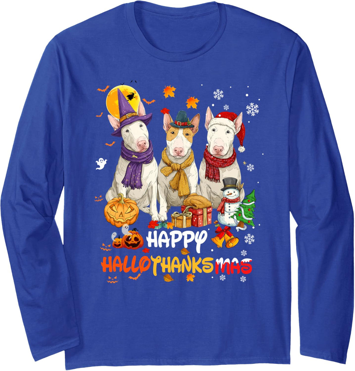 Bull Terrier Happy Hallothanksmas Dog Lover Christmas Long Sleeve T-Shirt - Adult Unisex Royal Blue