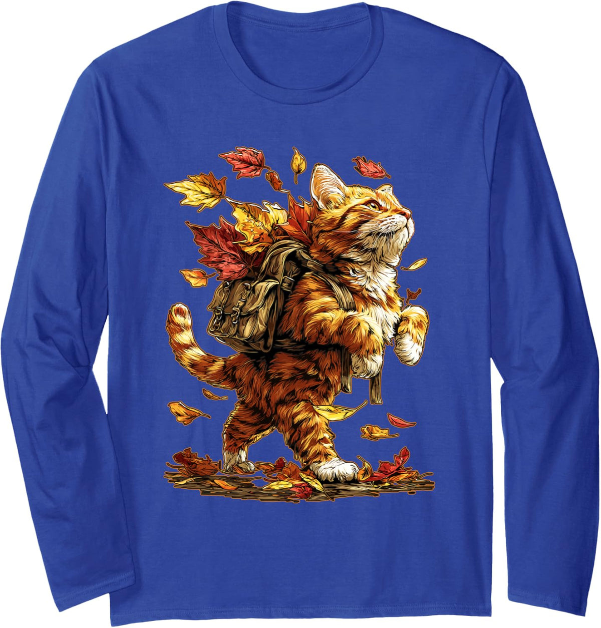 Orange Tabby Cat Hiking with Fall Leaves Autumn Kitten Hiker Long Sleeve T-Shirt - Adult Unisex Royal Blue