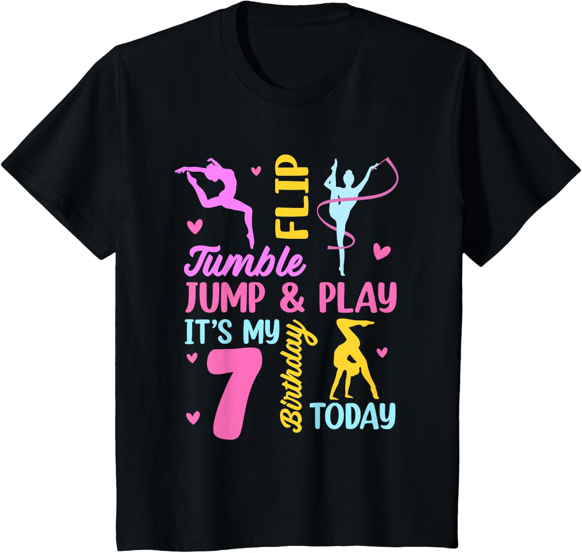 7 Year Old Bday Girl Gymnast 7th Gymnastics Birthday T-Shirt - Black