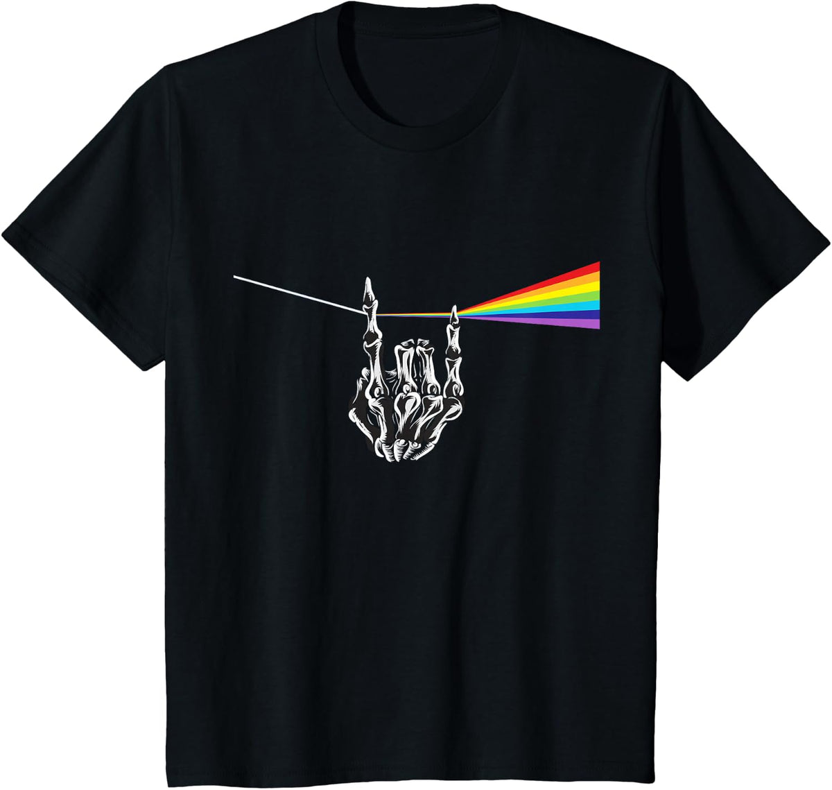 Funny Rock Music Prism Rainbow Light, Vintage Skeleton Hand T-Shirt - Black