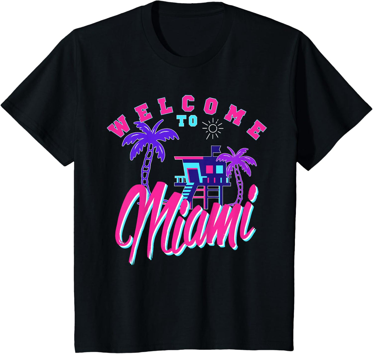 Vintage Welcome To Miami Beach Florida Souvenir Palm Trees- T-Shirt - Black