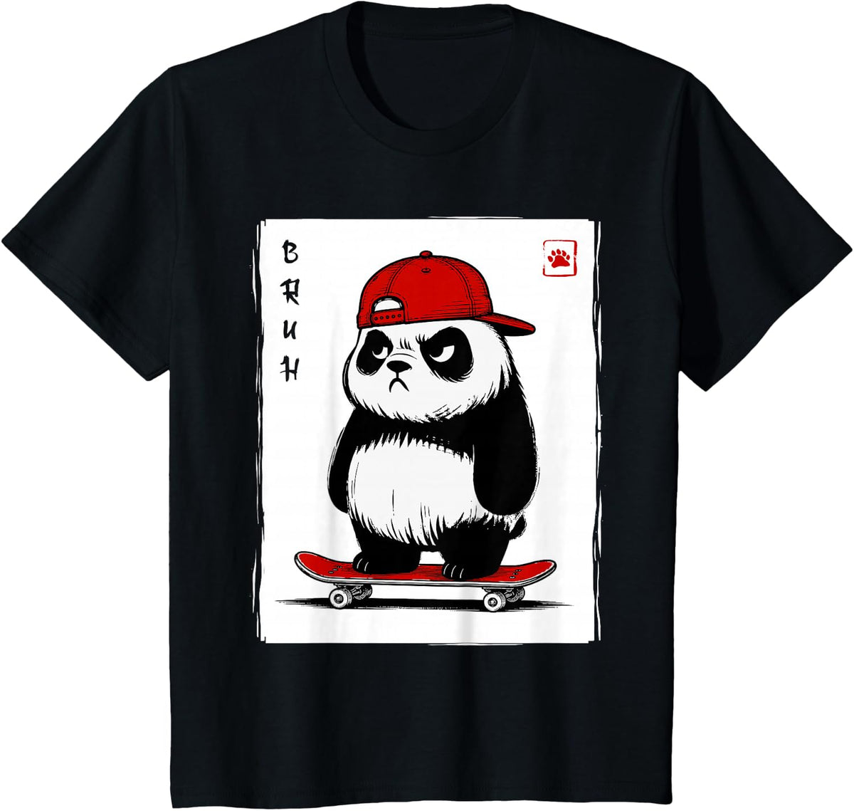 Grumpy Panda Skateboard Japanese Funny Bruh T-Shirt - Black