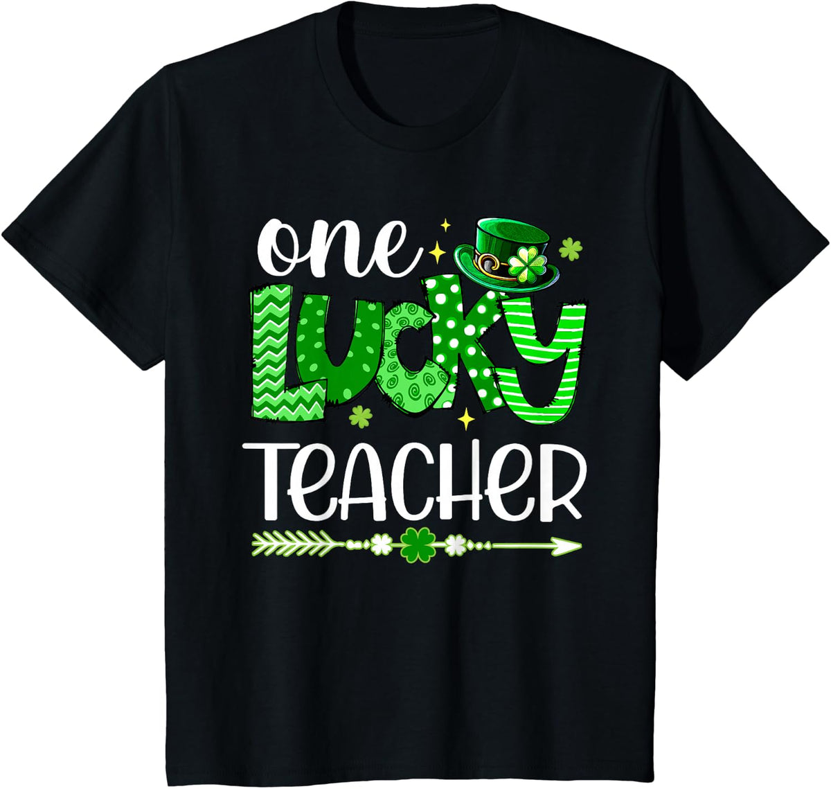 One Lucky Teacher Happy St Patricks Day Cute Green Shamrock T-Shirt - Black