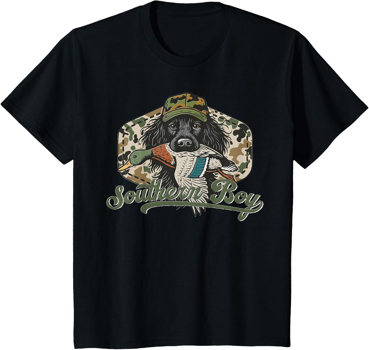 Camo Hunting Dog with Duck Rustic Retriever Southern Hunter T-Shirt - Black