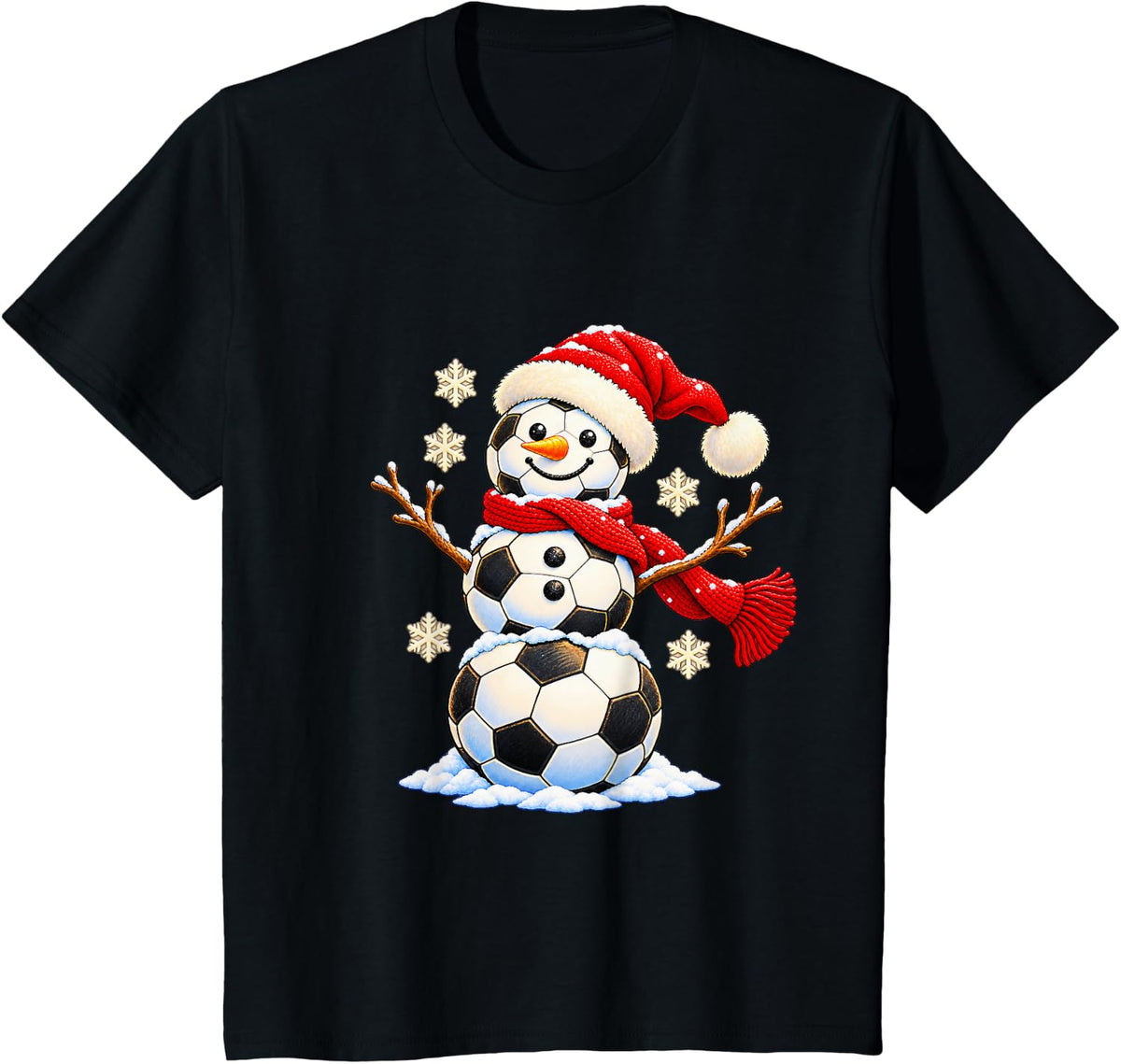 Soccer Snowman Player Santa Hat Christmas T-Shirt - Black