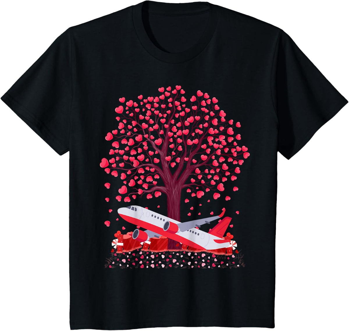 Airplane Lover Heart Tree Airplane Valentine's Day T-Shirt - Black