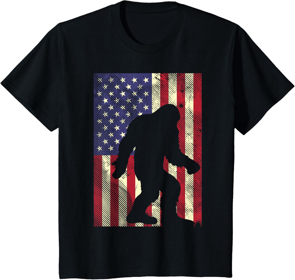 Bigfoot American US Flag Memorial Day Sasquatch Patriotic T-Shirt - Black