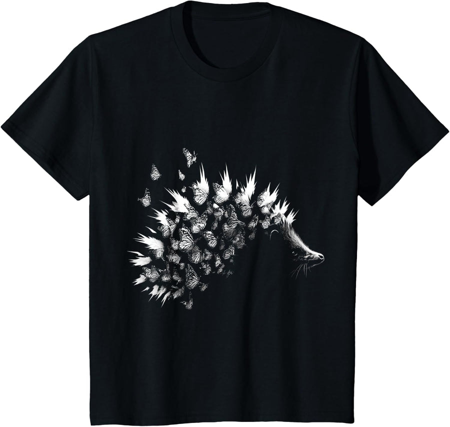 Butterfly Cute Hedgehog Animal Design T-Shirt - Black