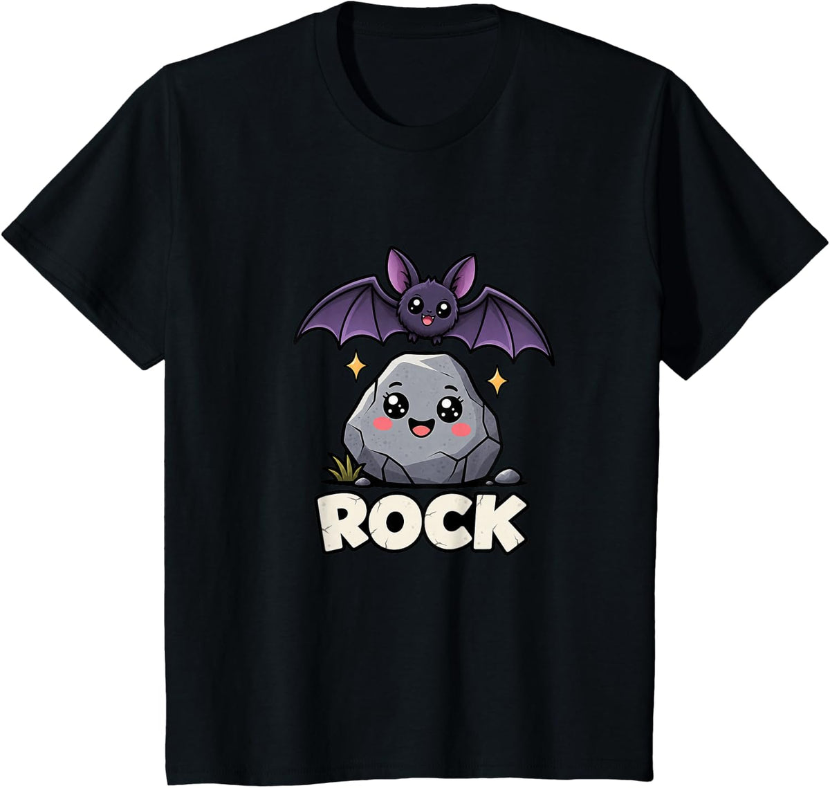 Cute Bat Over Smiling Rock T-Shirt - Black