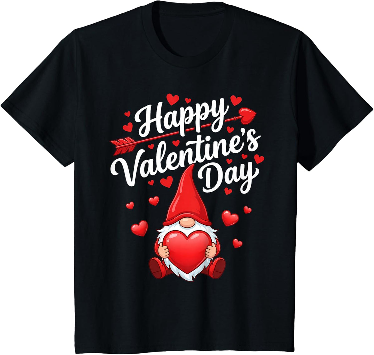 Happy Valentines Day Gnome Red Hearts Love Women Girls T-Shirt - Black